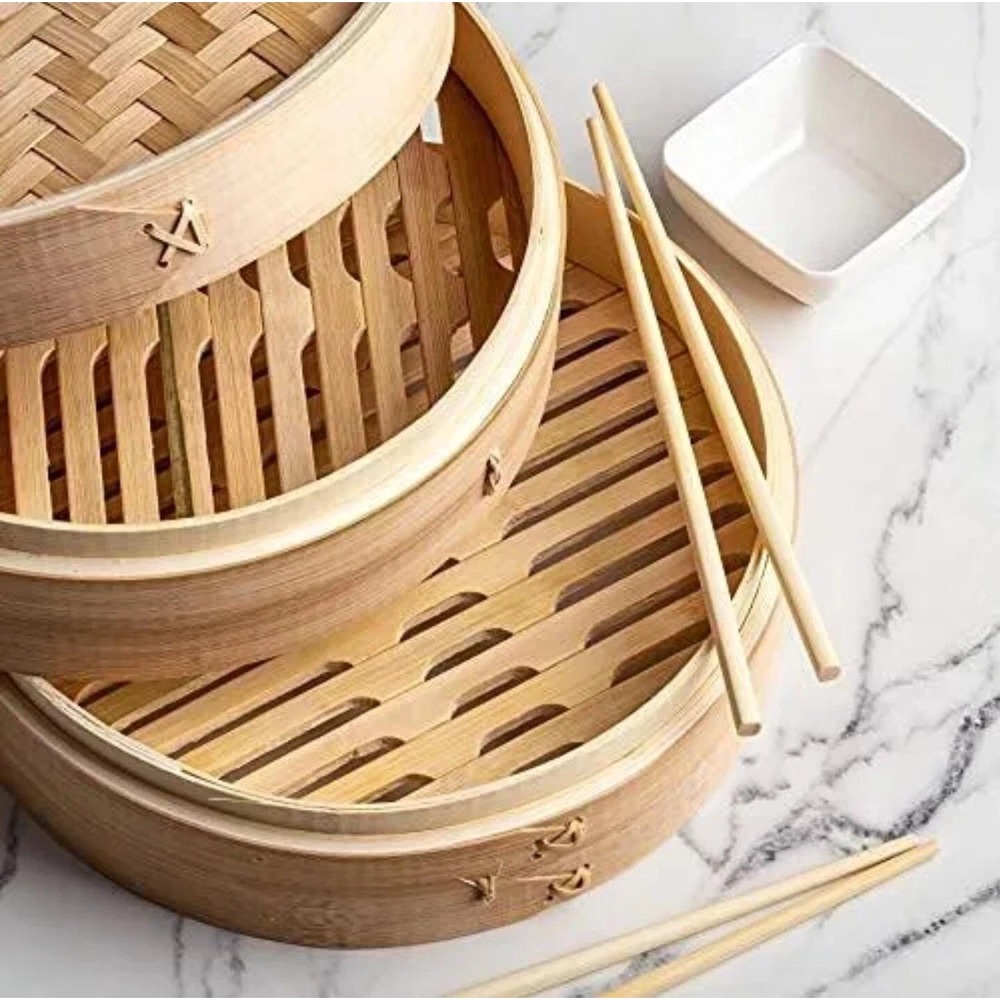 Traditional 10 Inch Bamboo Steamer Basket 2 Tier for Dumplings Buns Vegetables - Picture 9 of 11